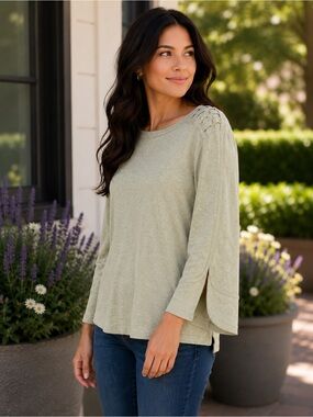 Rafaella Sage Green Lattice Shoulder Layered Sleeve Knit Top Medium